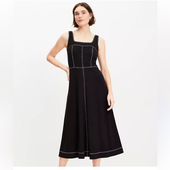 LOFT  Ponte Square Neck Midi Dress Black Size 8 - Picture 1 of 8